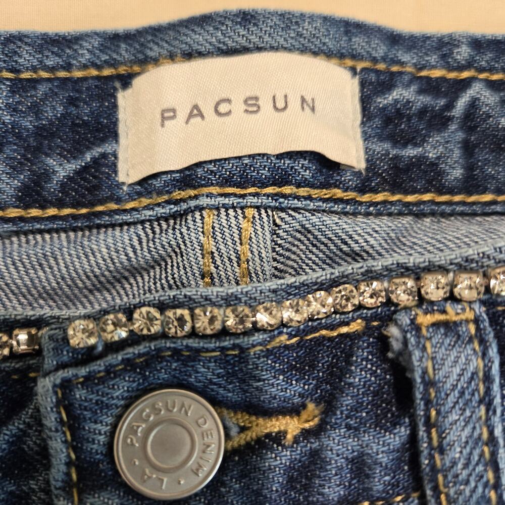 PacSun 90's Straight Jeans Rhinestone Waist Frayed Hem Sz 22 - Picture 3 of 9